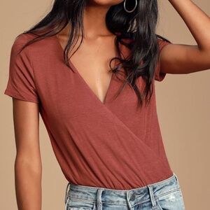Lulus Marren Rust Red Short Sleeve Surplice Bodysuit - Size M